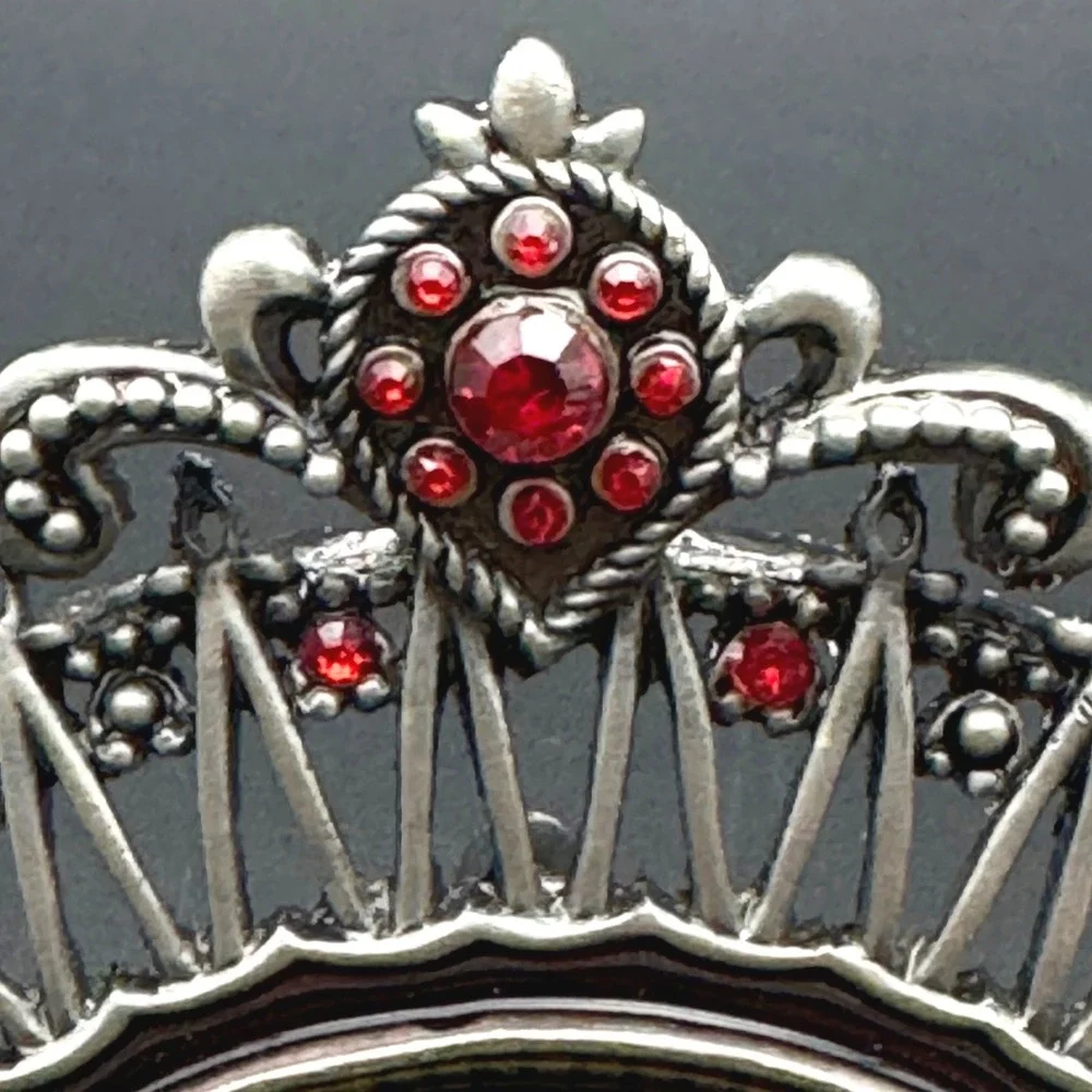Jeweled Crown Picture Frame Silver Tone Red‎ Rhinestone Coastal Glam 2.5